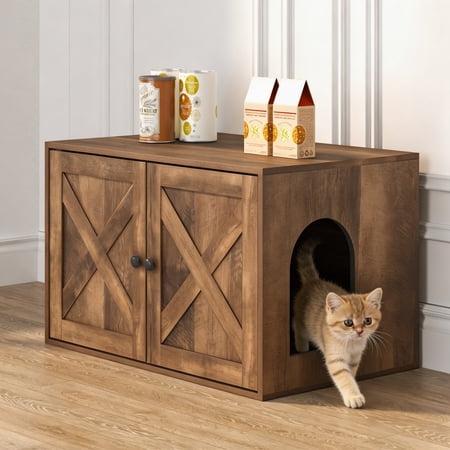HOMLUX Farmhouse Cat Litter Box Enclosure with Side Entrance & Double Doors – Durable Wooden Pet House, 50 lbs Capacity, Rustic Brown