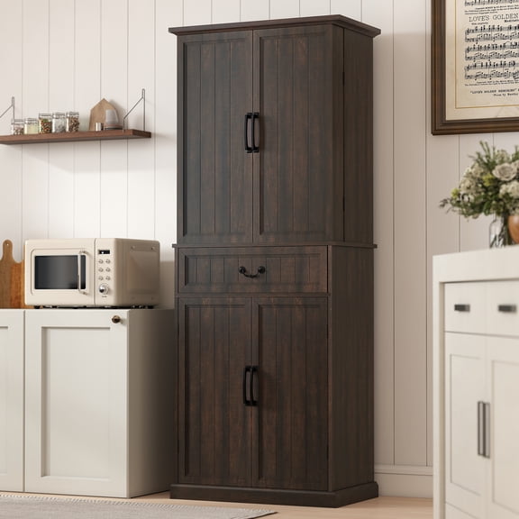 HOMCOM Farmhouse Kitchen Pantry Cabinet with Light, Storage Cabinet, Brown