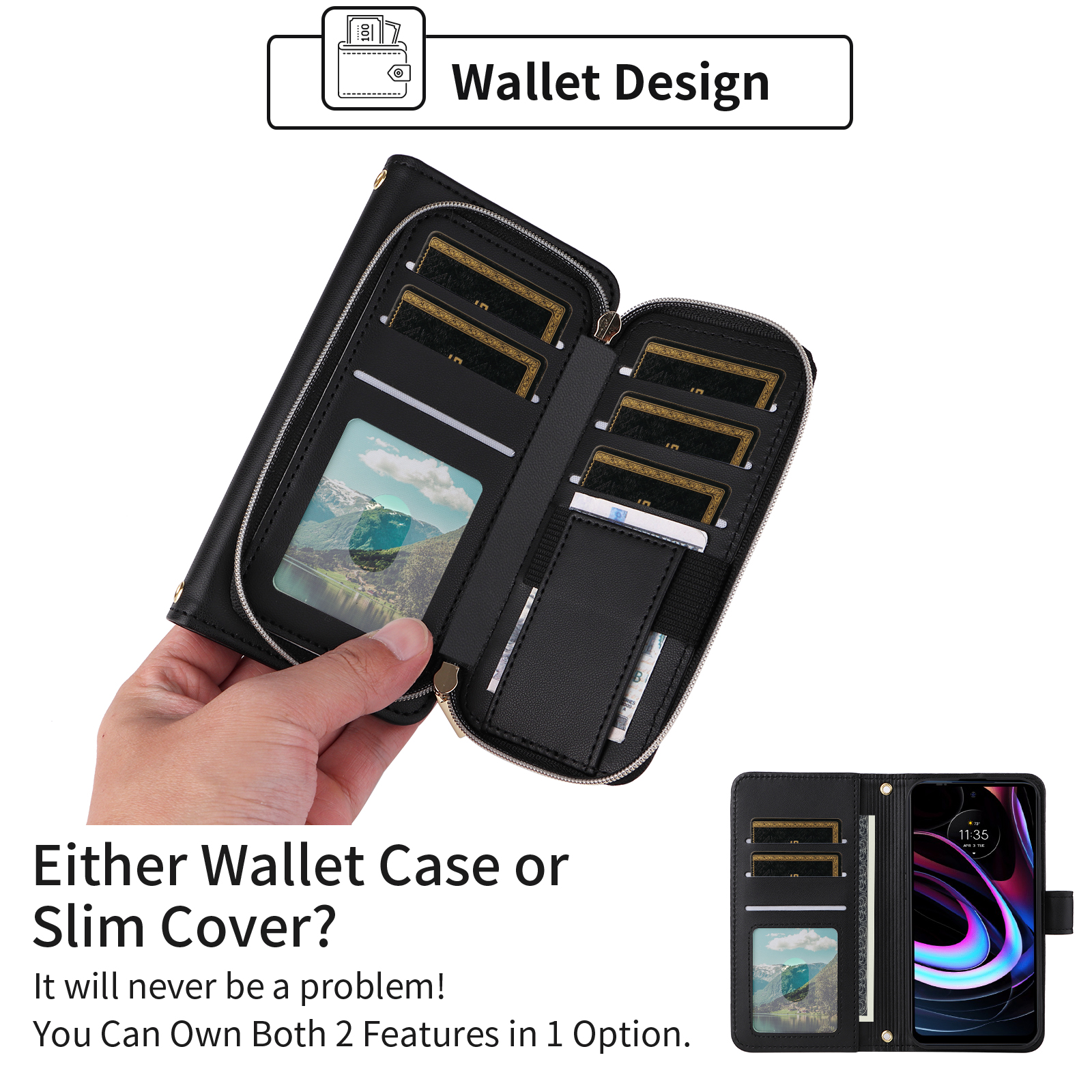 Furiet Argyle Wallet Case for Motorola Moto Edge 2021/MotoEdge 5G UW 2021 with Wrist/Shoulder Strap, Card Slots Zipper Purse Luxury PU Leather Stand Phone Cover for XT2141-1 Women Girls Black