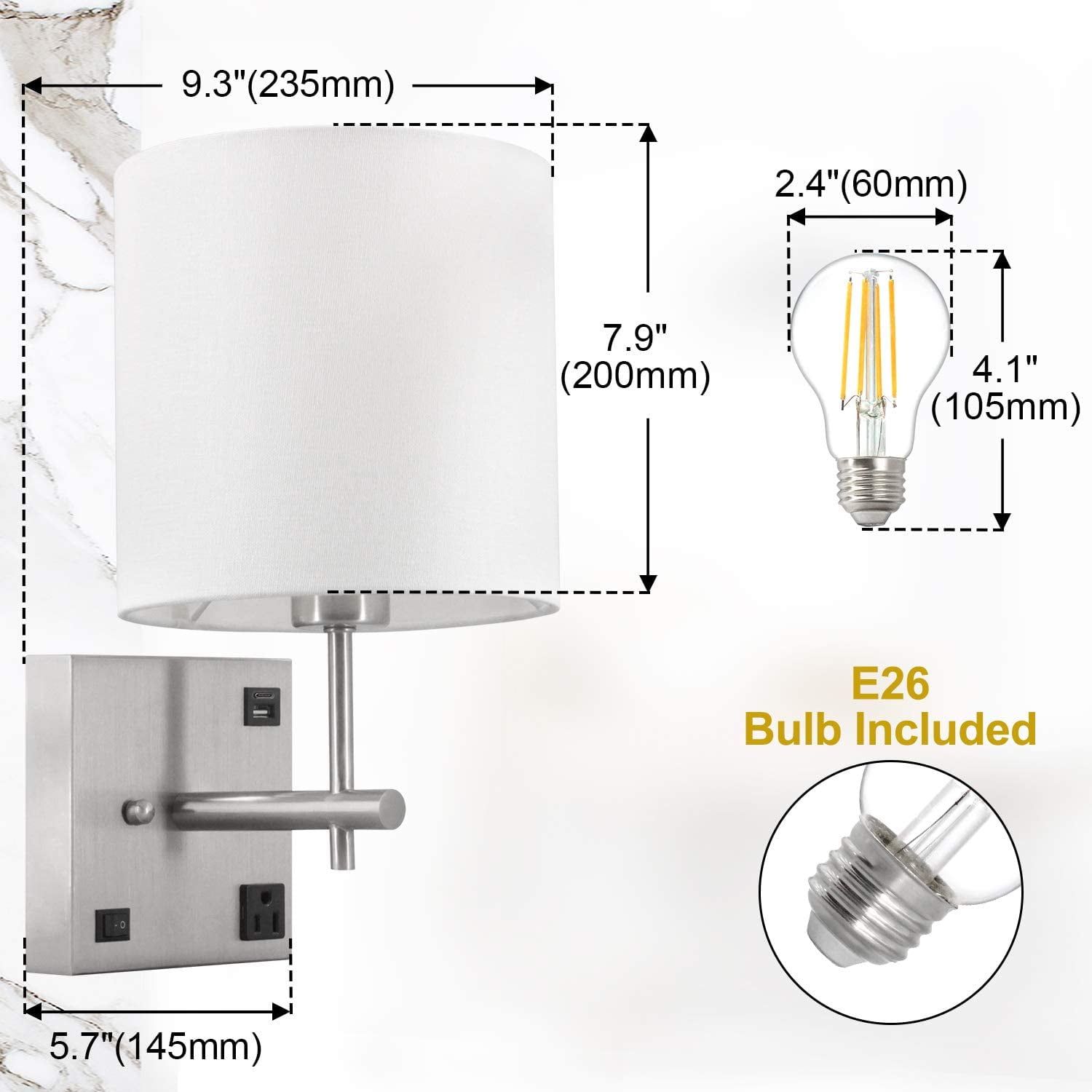 Details about   Wall Sconce Bedside Lamp w/USB High Speed Charging &White Fabric Shade Bedroom 