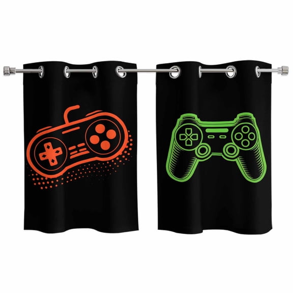 Game Controller Kitchen Curtains Small Short 39 Inch Length, Modern Art Gaming Handheld Black Grommet Top Bedroom Living Room Curtains, Light Filtering Cafe Curtain Drapes 2 Panels Set 55''x39''