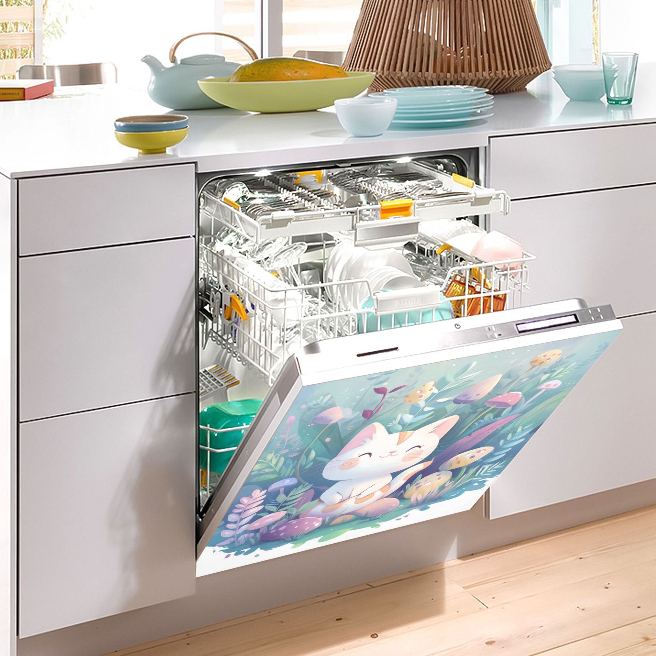 Dishwasher Magnetic Sticker 23x26 Inch Refrigerator Magnetic Sticker Washing Machine Magnetic Sticker Kitchen Panel Magnetic Sticker Home Decor Flower White Cat
