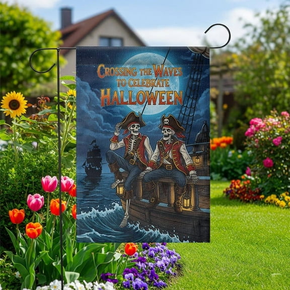 TiniDecor Pirate Skeleton Garden Flag – 12”x18” Halloween Outdoor Decor, Spooky Nautical Yard Sign