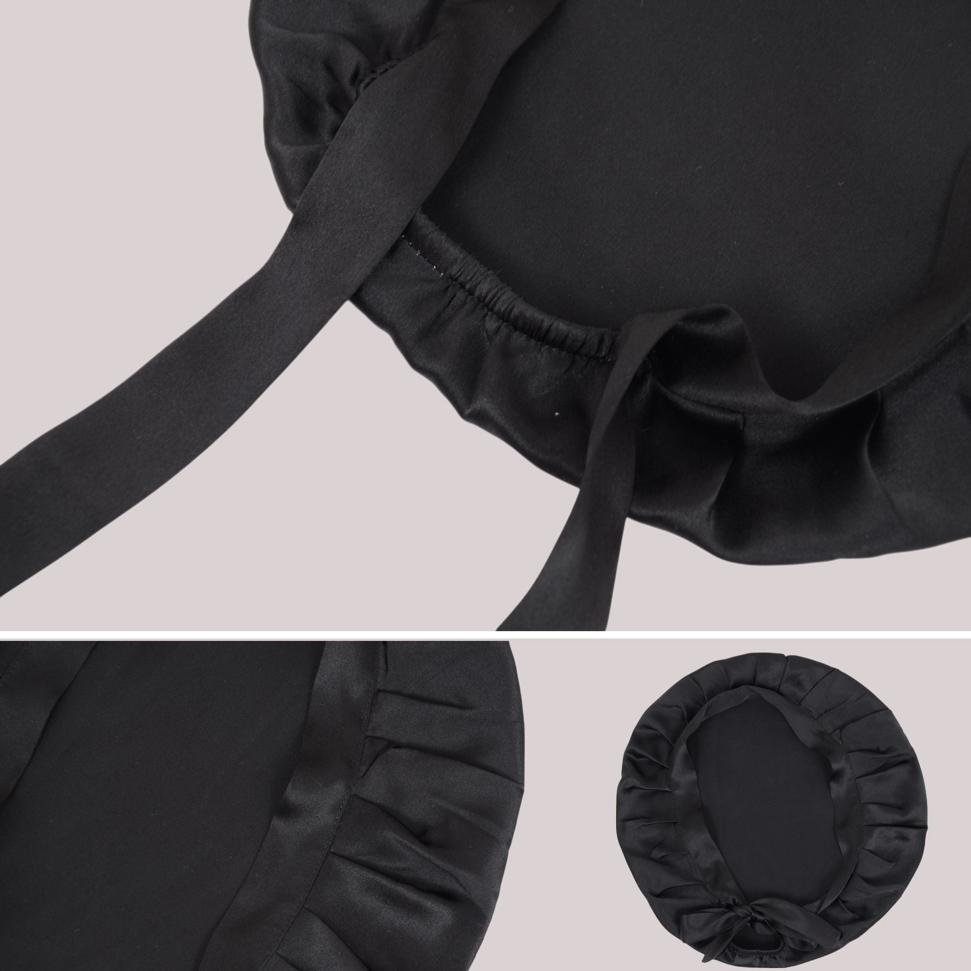 Women Satin Sleep Bonnet Adjustable Tie Back Hair Protection Cap for All Hair Types - Black