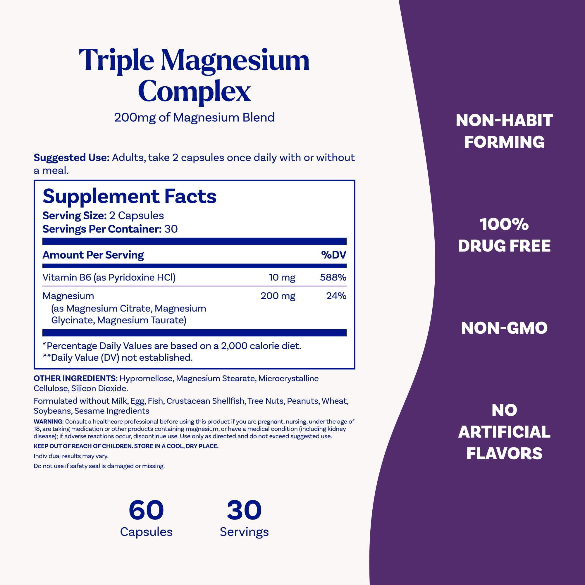 Natrol Triple Magnesium Complex Supplement, Glycinate, Citrate & Taurate 200mg High Absorption, Support Whole Body Wellness, 60 Capsules