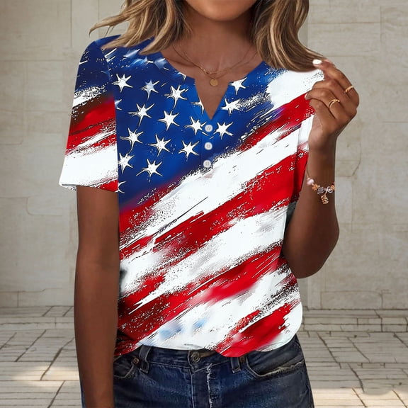 Xdegoge 4th Of July Patriotic T Shirt for Women USA American Flag Short Sleeve Henley V Neck Stars And Stripes Casual Loose Fit Summer Independence Day Holiday Graphic Tops