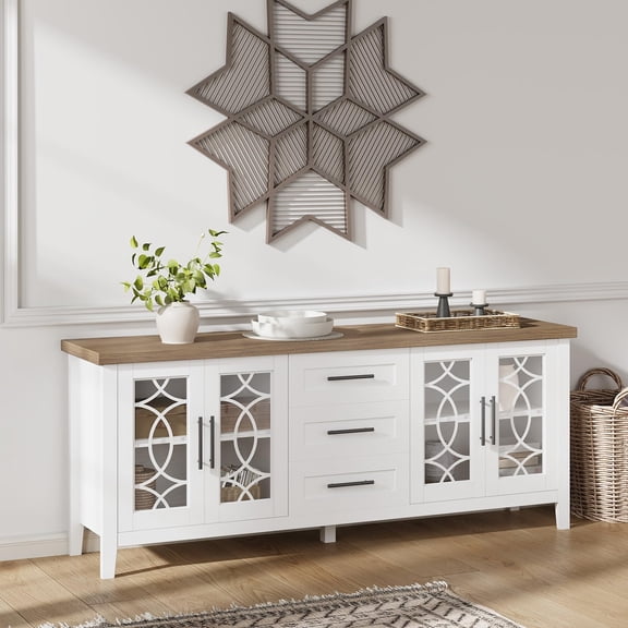 Farmhouse TV Stand for 70 Inch TV, Mid Century Entertainment Center with 3 Drawer & 2 Storage Doors, Wooden Media TV Console Table for Living Room