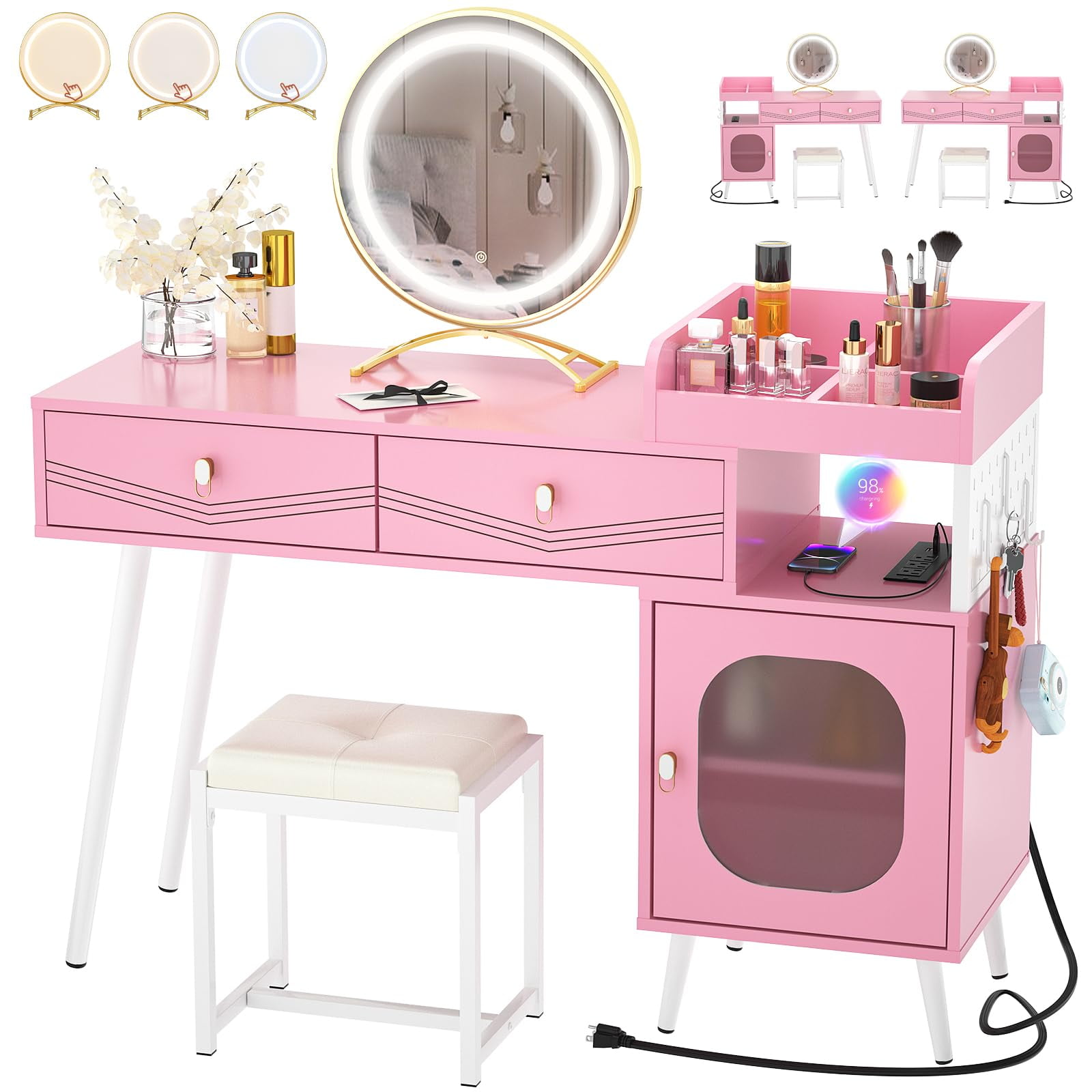 Homieasy Vanity Desk with Mirror & Power Outlets, 46.5'' Reversible