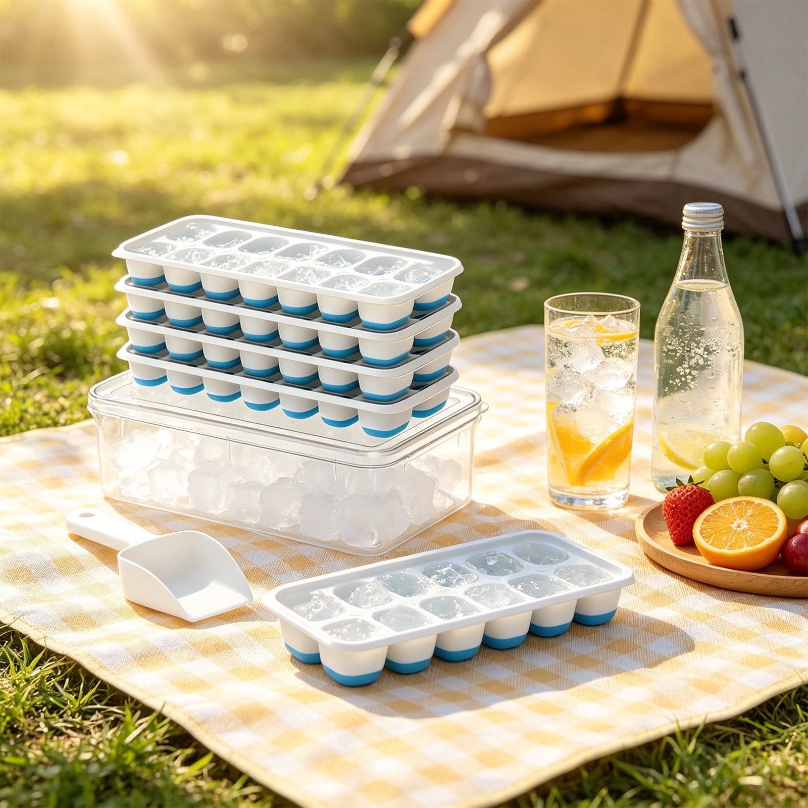 COM1950s Ice Tray Set with Storage Bin, Stackable Ice Tray with Lid and Container, Home Ice Maker Kit with Scoop, Freezer Ice Mold for Kitchen, Summer Portable Ice Box for Drinks