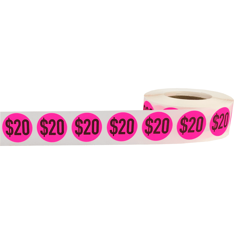 $20 Price Stickers Fluorescent Pink .75 Inch Round Circle Dots 500 Total  Adhesive Stickers