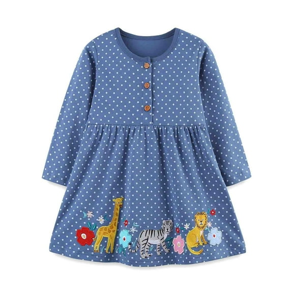 MEZZALL Girls Cartoon Dress Sundress Applique Party Dress Sundress Casual Jesey Cotton Long Sleeved, Dark Blue, 5-6 Years