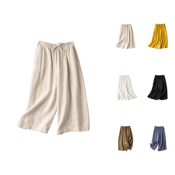Capri Pants for Women Summer Casual Lightweight Elastic Waist Wide Leg Loose Fit Flowy Cropped Plazzo Pants with Pockets