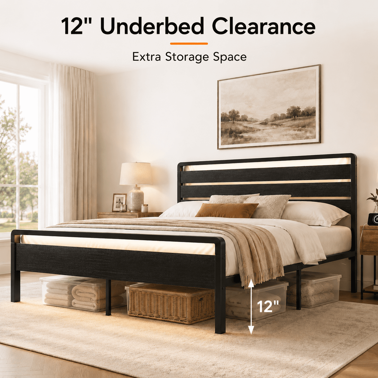 Zimtown Full Platform Bed Frame with 12-Inch Under-Bed Storage, LED Lighted Headboard & Footboard, Modern Apartment Bedroom,Black