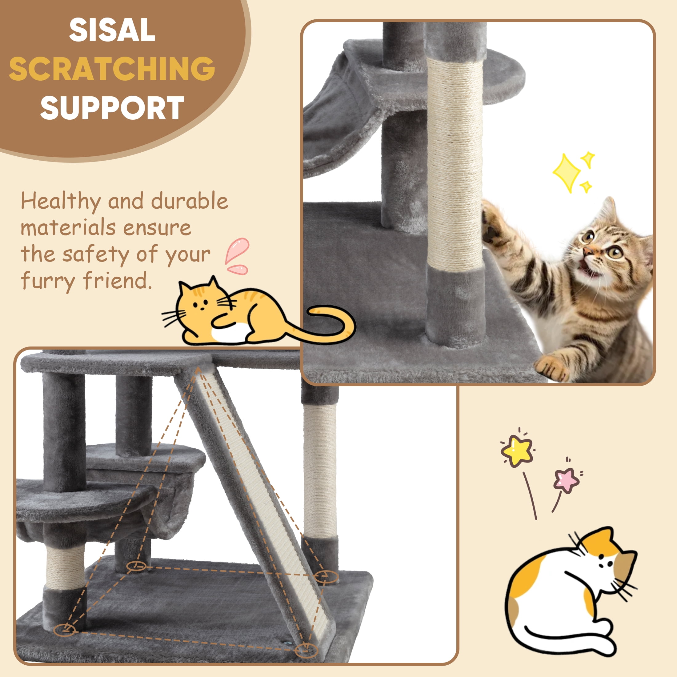 Einfach 65.7" Large Cat Tree and Tower for Cats, Condo House with Hammock, 2 Scratching Boards & 5 Scratching Posts, Gray