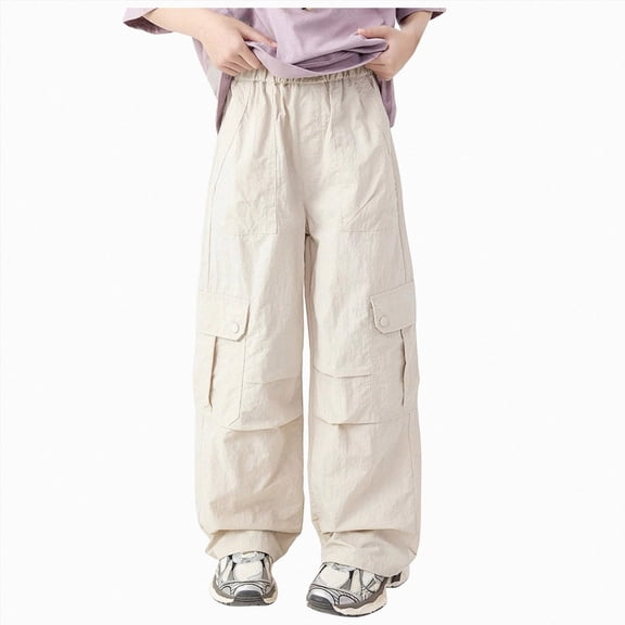 NIEWTR Teen Girls Sweatpants Wide Leg Baggy Pants Open Bottom Athletic Girls Uniform Dress Pant Kids Youth Girls' Pants with Pockets Size 2T 3T 4T 5T 6T 7T 8T 9T(A-Beige,7-8 Years)