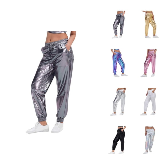 Metallic Pants Women 2026 Fashion Hop Wet Look Rave Dance Pants Jogger Sweatpants Holographic Glitter Pants with Pockets