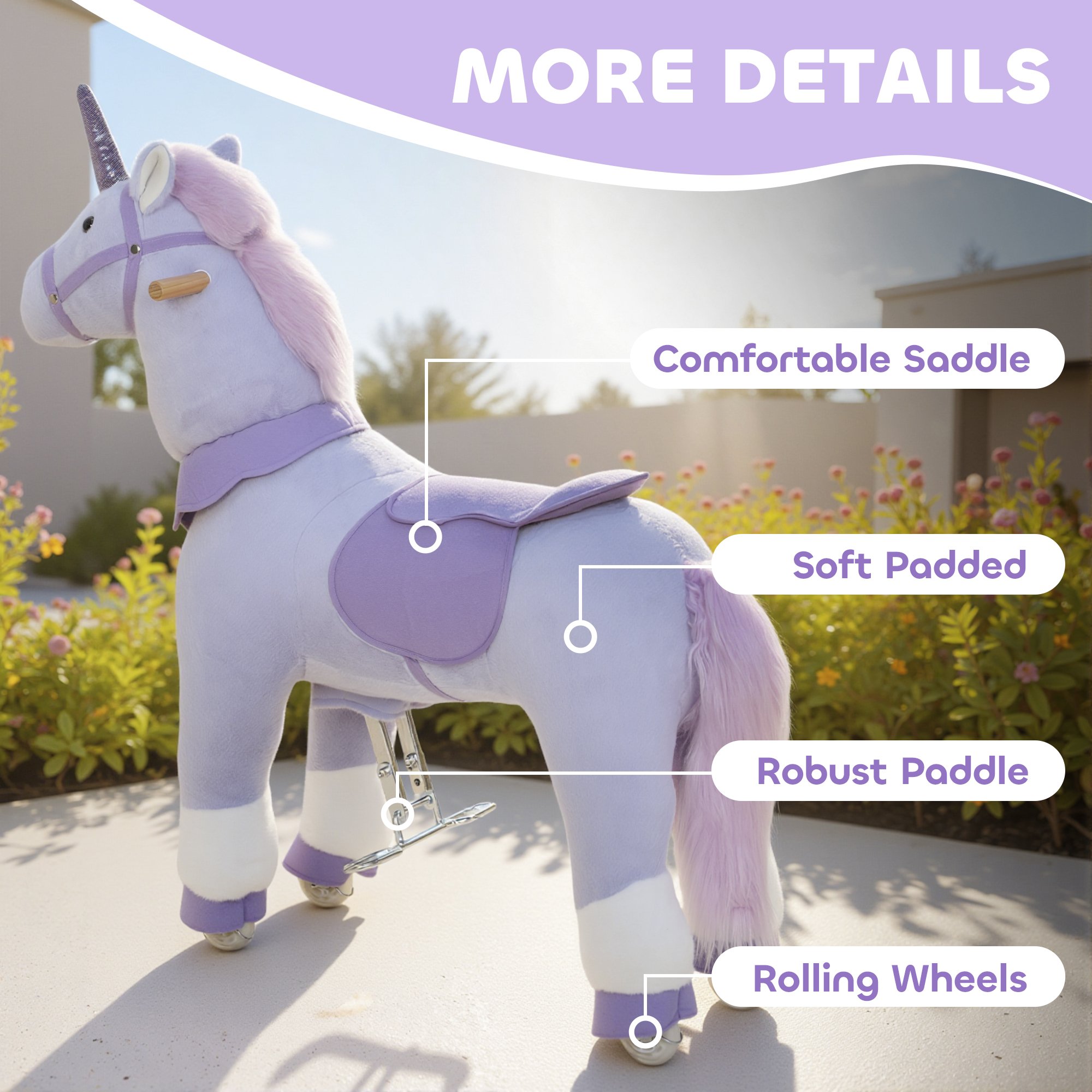 Qaba Ride on Unicorn Toy for Kids 4-7 Years, 37.8 Inch Plush Baby Rocking Horse, Mechanical Walking Animal with Wheels, No Batteries Required, Purple