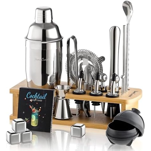 Cocktail Shaker Set, 24-Piece Bar Bartender Kit with Stand, Martini Shaker, Jigger, Strainer,Mixer Spoon,Muddler,Liquor Pourers,Tongs,Opener,LCE Ball Mold&LCE Cubes,Bottle Stoppers|Silver$$