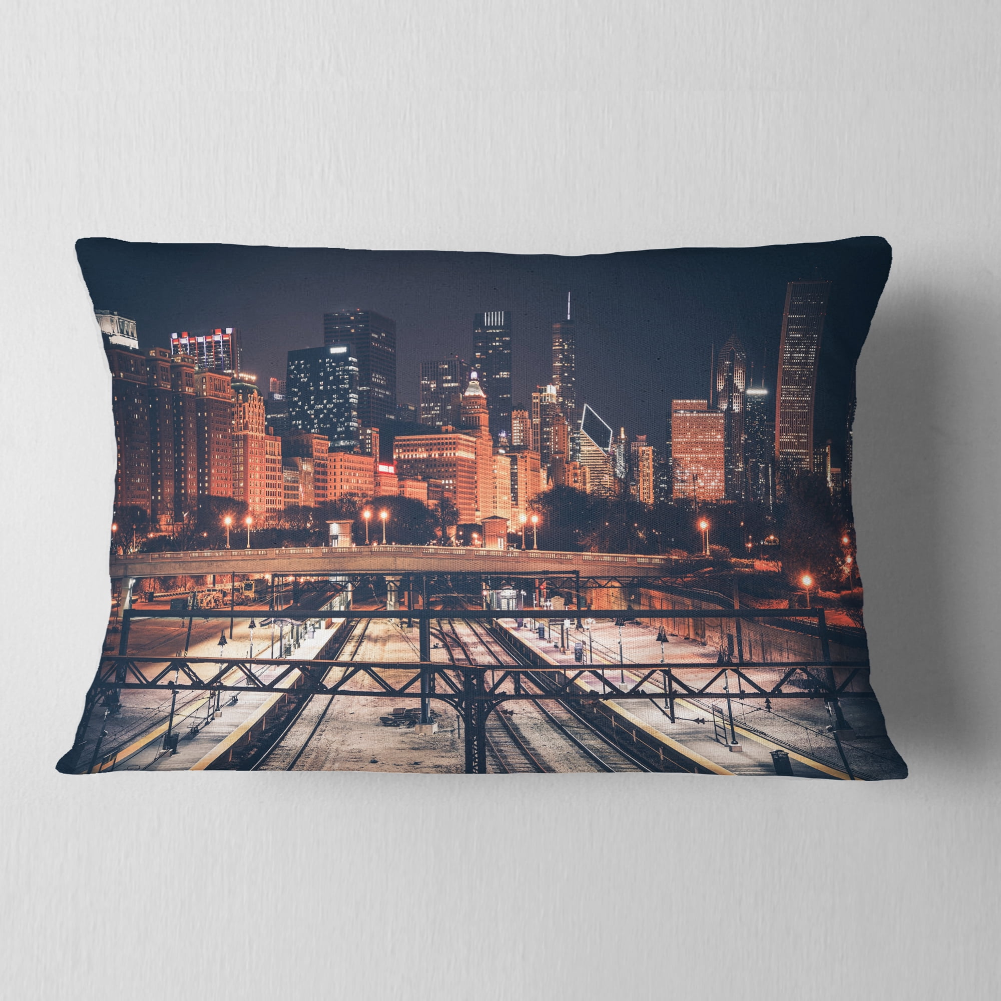 Designart Dark Chicago Skyline and Railroad - Cityscape Throw Pillow - 12x20