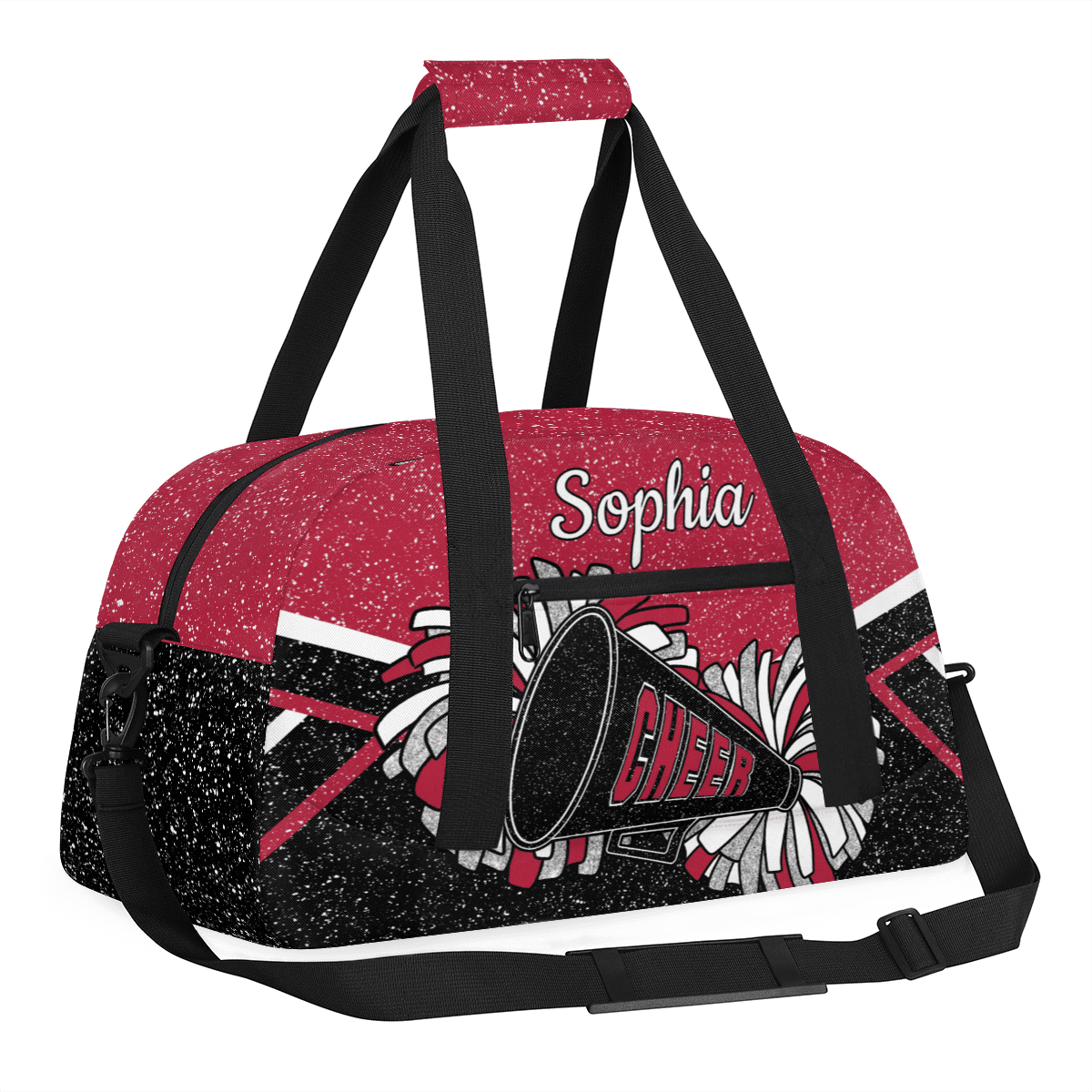 Jiaoprinted Personalized Cheer Bag for Women, Custom Sport Duffel Bag with Name, Customized Gym Bag, Weekender Overnight Bag, Cheerleading Gifts, Black Red Glitter