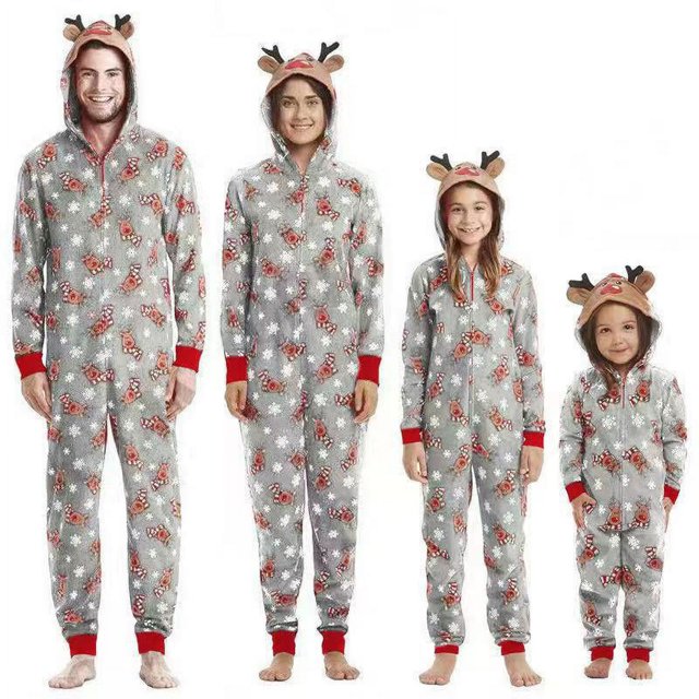 Trajes navideños a juego para la familia, mono de una pieza con capucha y orejas de alce, pelele, conjunto de ropa para niños y adultos, pijama con apariencia navideña