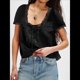 thumbnail image 5 of Blusa de Encaje con Lazo Frontal para Mujer, Transparente, de Corta, Cuello Redondo, Botones, Estilo Bohemio, con Volantes, Estilo Y2K Negro S, 5 of 8