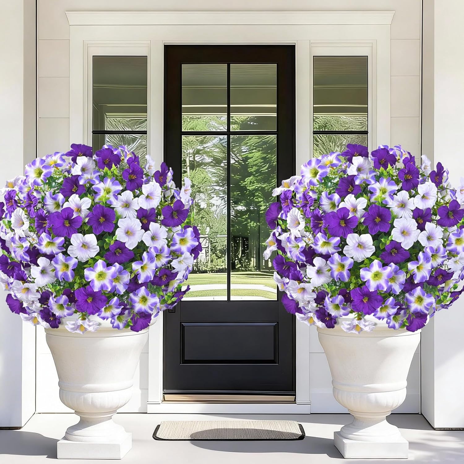 Yastouay 2 Packs Artificial Flowers Topiary Balls with Ground Spikes,23 Inch UV Resistant Faux Boxwood with Petunias Flowers for Outdoor Garden Decor(Mixed Purple)