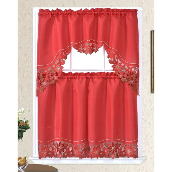 lume D' Home 3pc Kitchen Curtain Set 2 panels 36"L × 30"W   1 Valance 36" × 30" (Poinsettia Flower)