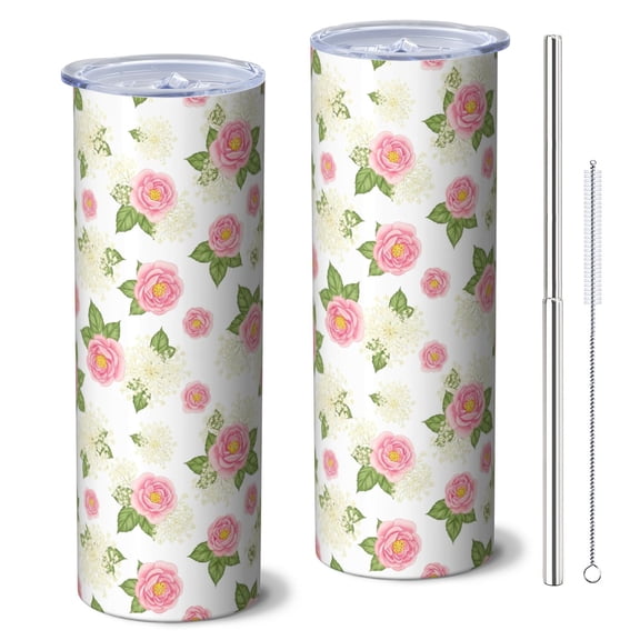 Pioneer Flower Floral Print Pattern 20oz Skinny Tumbler with Straw & Lid, Double Wall Vacuum Insulated Cup, Leak-Proof, Cup Holder Friendly, Hot 6H Cold 12H