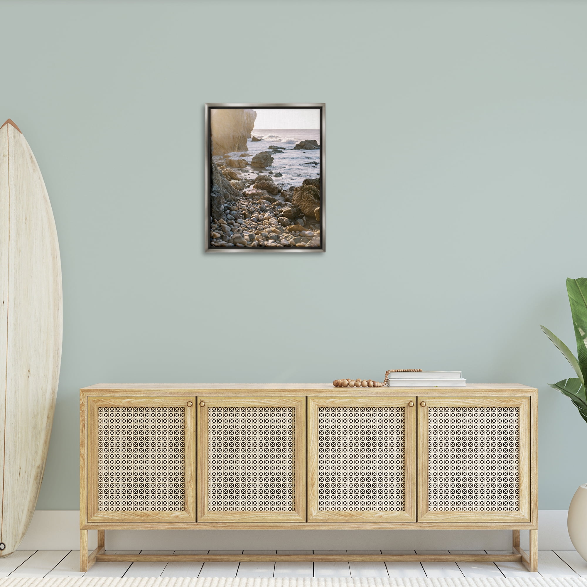 Stupell Industries Rocky Coast Waves Landscape Photography Gray Floater Framed Canvas Art Print Wall Art, 25 x 31