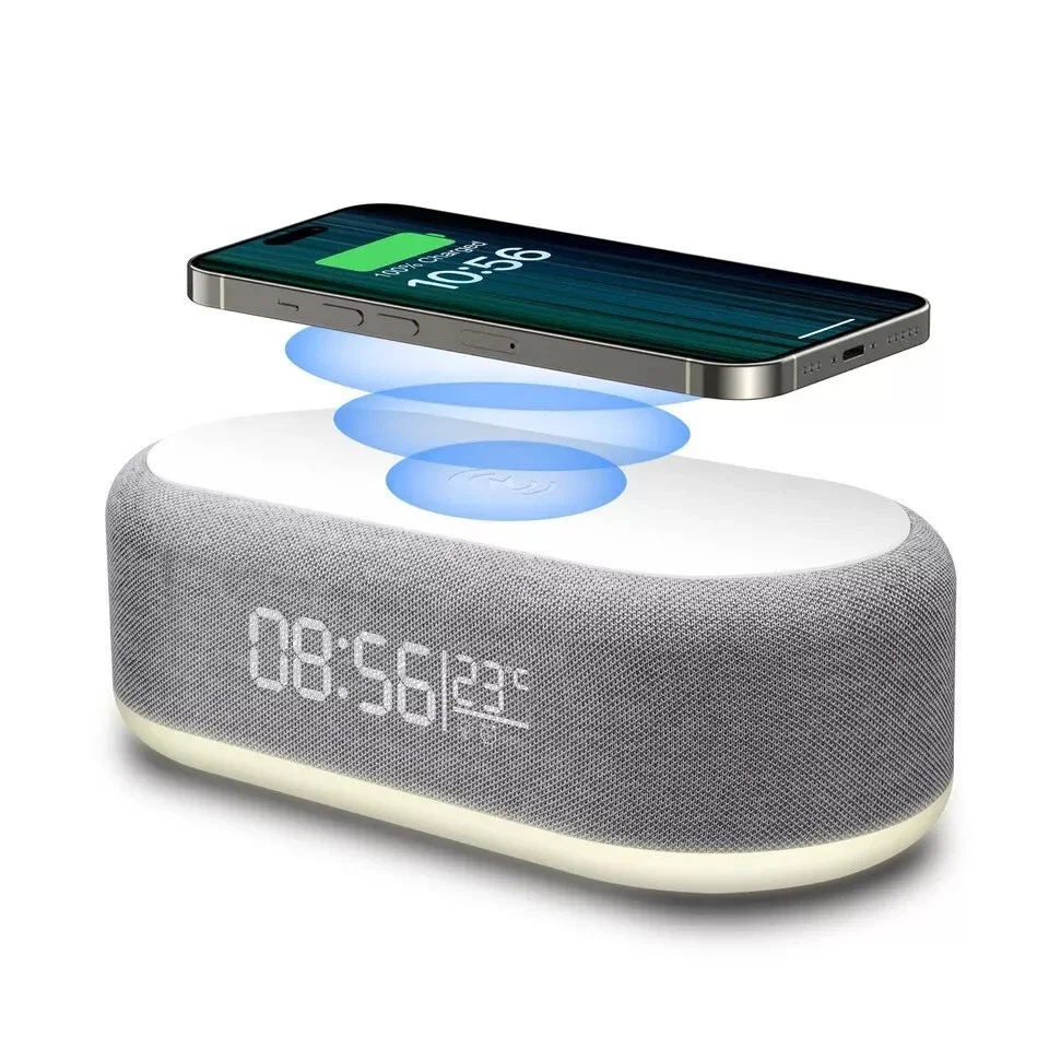4 -n-1 Multi-Function Alarm Clock Display Wireless Charging for Smartphones Bedside Light, White, 1 Pack
