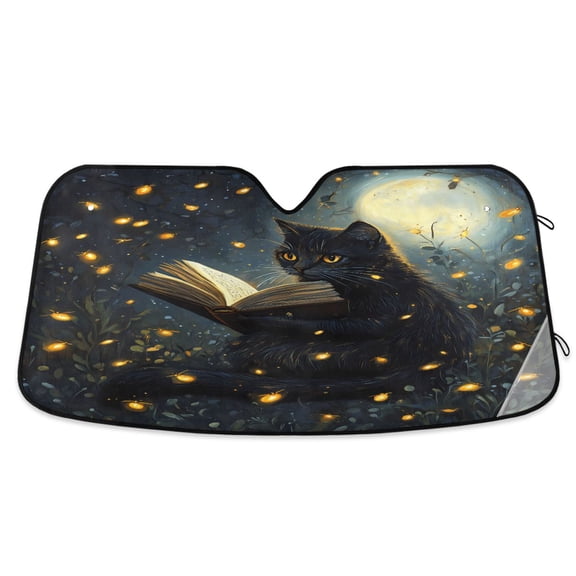 Cat Reads Book on Night Car Windshield Sun Shade Foldable Car Front Window Visor Heat and UV Protection 53x23.5