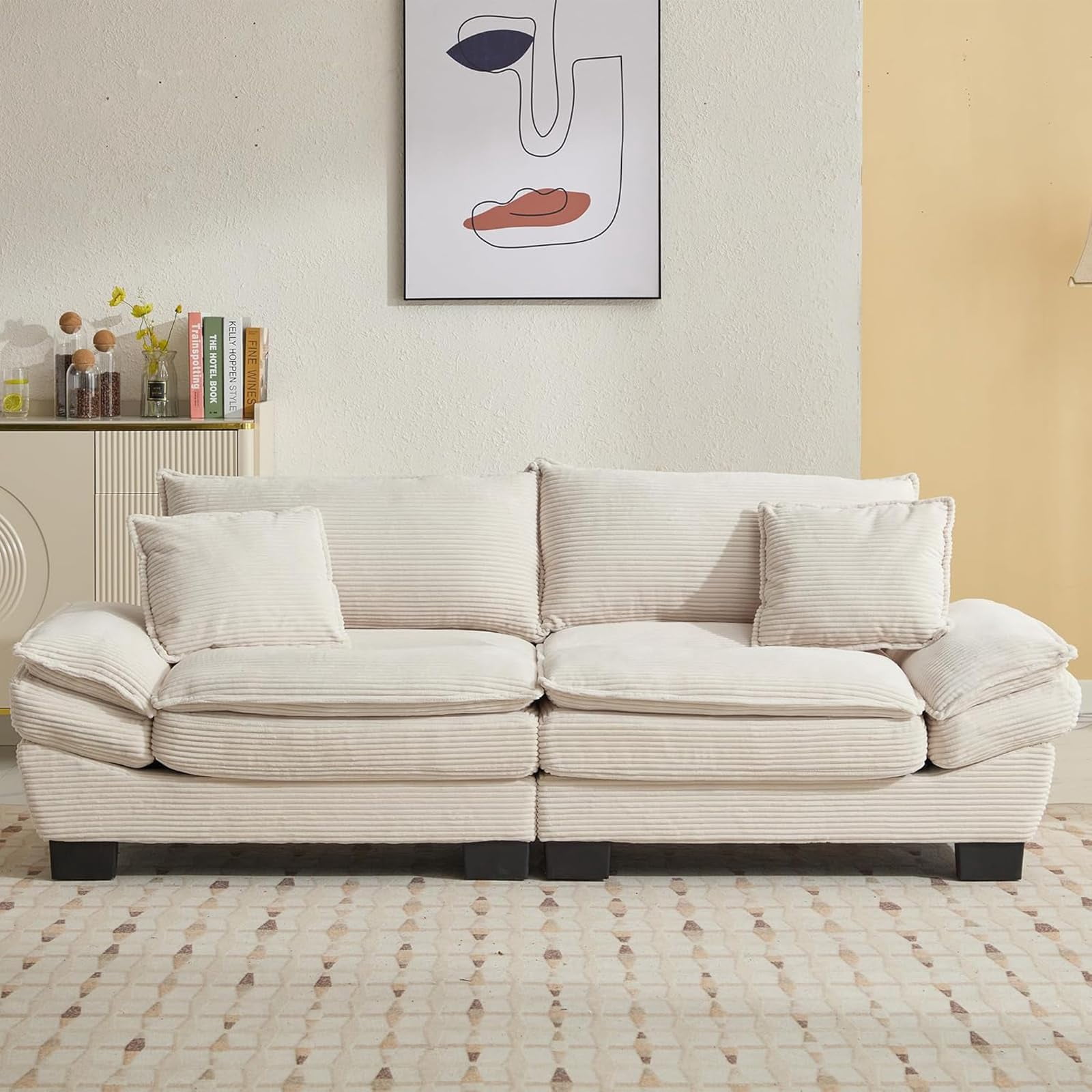 AENKYO 84" Corduroy Loveseat Sofa with Pillows, Modern 2-Seater Couch for Living Room,Beige