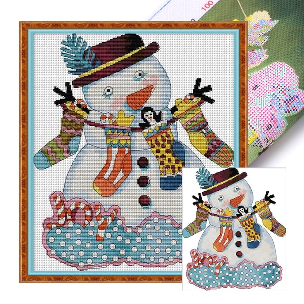 Hilo Algodón Bordado Punto Cruz Navideño Impreso Muñeco Nieve 14CT 35x40cm