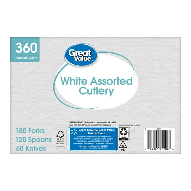 Great Value Disposable Plastic Cutlery Set, White, 360 Count 