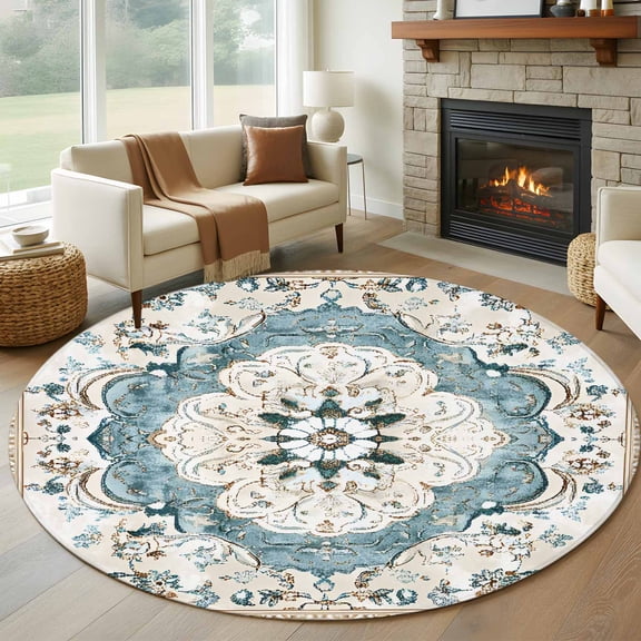 Blue Boho Floral Round Rug 5ft Washable Circle Kitchen Rugs Non Slip Aztec Ethnic Abstract Aesthetic Art Large Area Rug Indoor Floor Carpet for Bedroom Living Room Home Office Dining Room Nursery