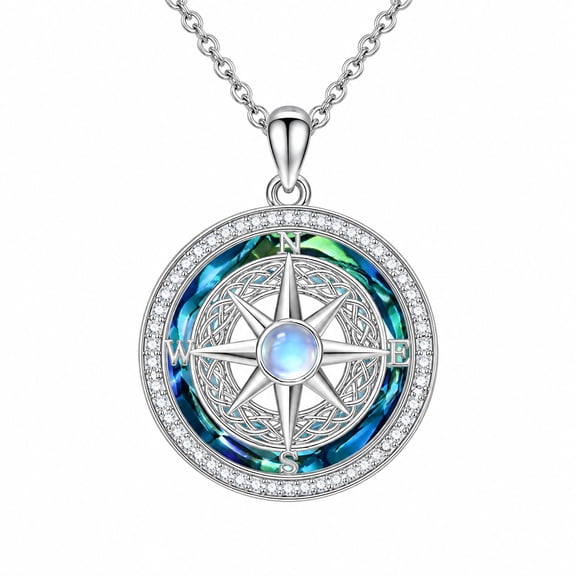 Midir&Etain White Gold Plated Compass Necklace for Women Moonstone North Star Pendant Celtic Knot Jewelry Gifts for Her