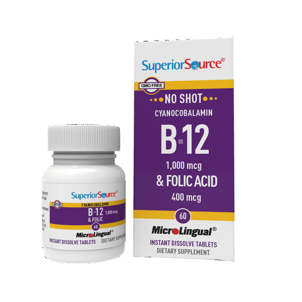 Superior Source No Shot Vitamin B12 Cyanocobalamin (1000 mcg), Folic