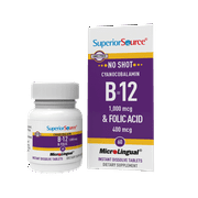 Superior Source No Shot Vitamin B-12 Cyanocobalamin 1000 mcg & Folic Acid 400 mcg - Offers Energy, Heart, Brain, & Stress Support - 60 Sublingual Dissolving Tablets