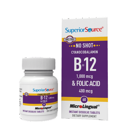 Superior Source No Shot Vitamin B-12 Cyanocobalamin 1000 mcg & Folic Acid 400 mcg - Offers Energy, Heart, Brain, & Stress Support - 60 Sublingual Dissolving Tablets
