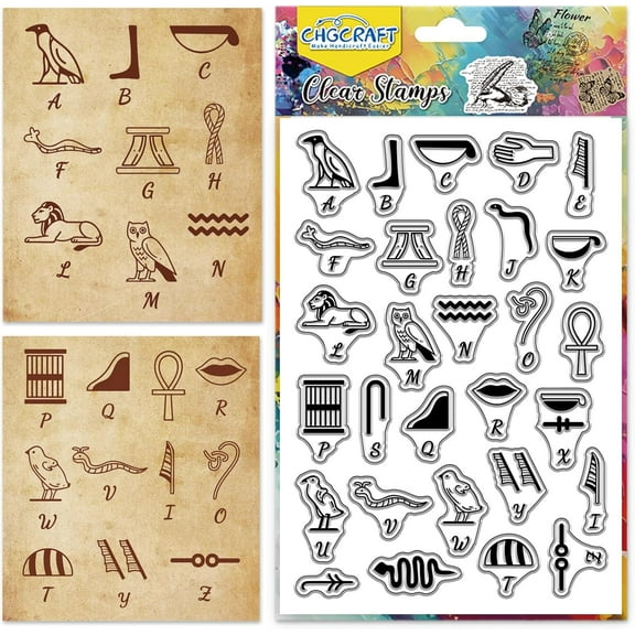 Egyptian Alphabet Symbols Clear Stamps 26 Letter Transparent Stamps Silicone Clear Stamp Seals for Carding Making DIY Scrapbooking Photo Album Decoration 4.3x6.3 inch