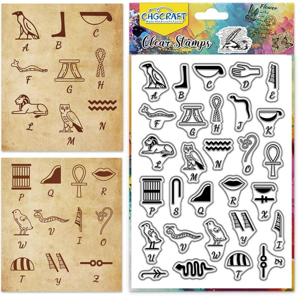 Sellos transparentes con símbolos del alfabeto egipcio (26 letras) - Sellos de silicona transparentes