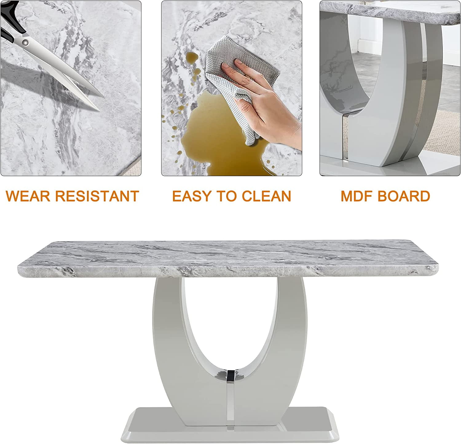Sumdeal 63" Modern Faux Marble Dining Room Table Sets for 6,7 Piece Rectangle Dining Table Set &6 Pu Leather Upholstered Chairs Ideal(Light Grey, Set of 6)
