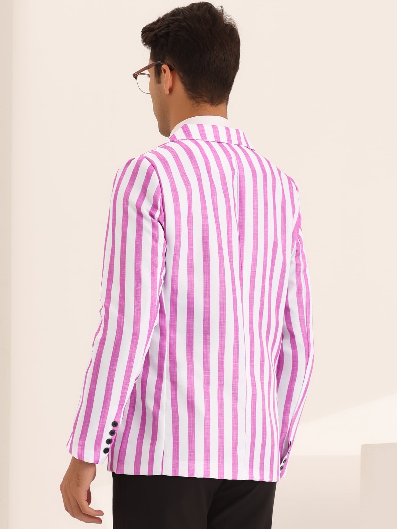 Unique Bargains Men's Sports Coat Notch Lapel Color Block Stripes Pattern Blazer M Pink