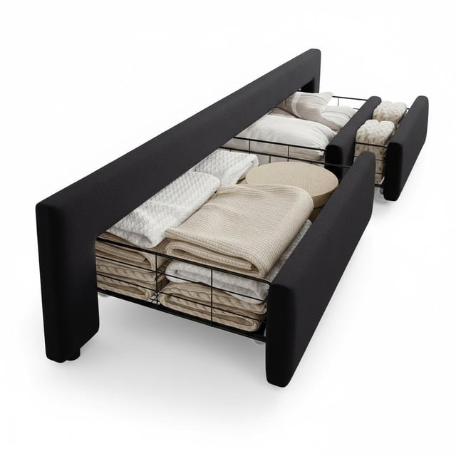 Vintage Upholstered Platform Bed Frame with Storage Drawers - Button Tufted Wingback Headboard, Noise-Free, No Box Spring Required