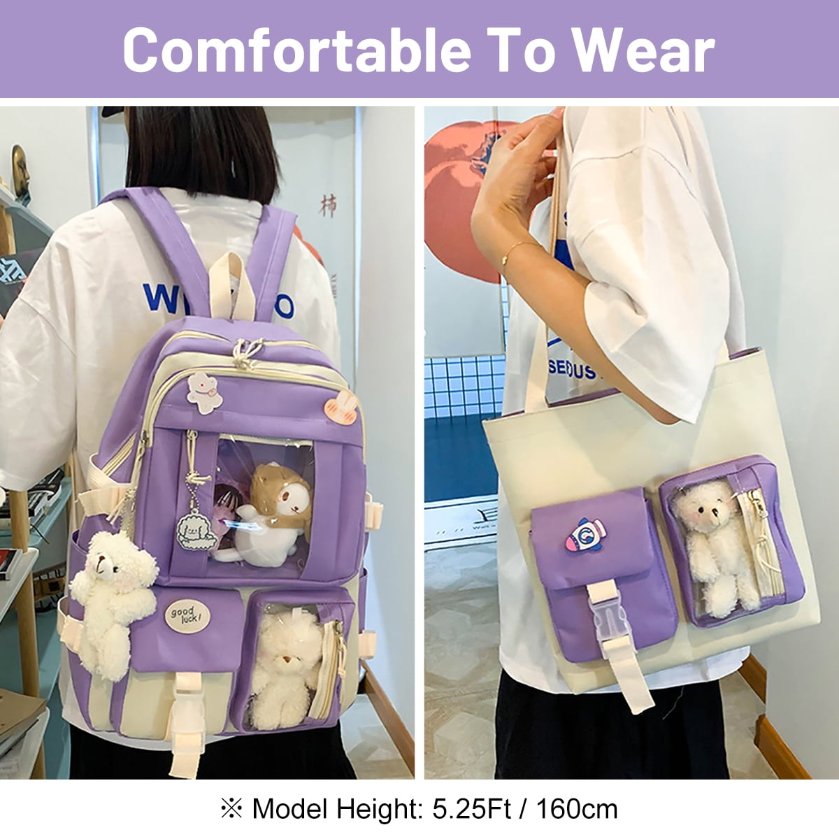Sanmadrola 5PCS School Backpacks Cute Plush Bear Backpack Set with Pendants and Pins Accessories Kawaii Laptop Bag School Bags, Purple