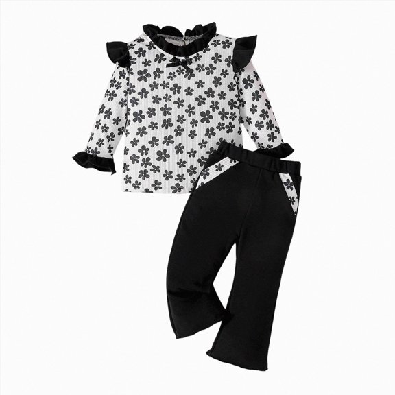 yboeqw Girls Outfit Sets Ruffle Long Sleeve 2 Piece Casual Crew Neck T-Shirts and Pants Sets,Size 9-12 Months