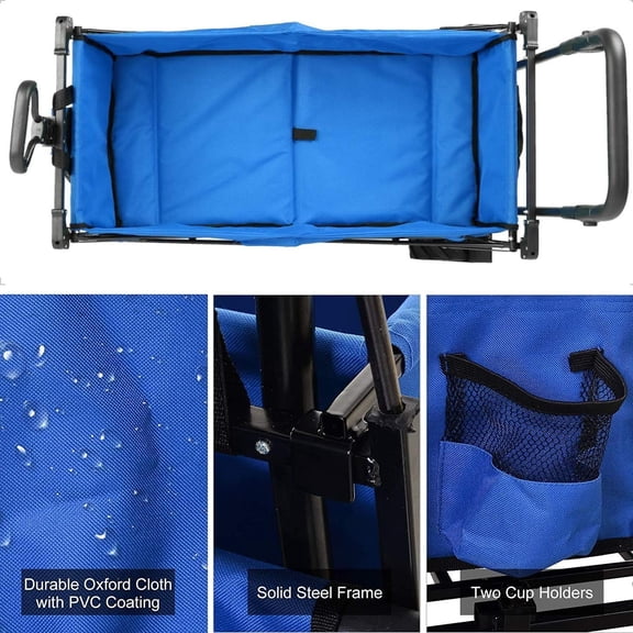 Push and Pull Collapsible Utility Wagon, Heavy Duty Folding Wagon Cart with Removable Canopy&Brakes, 7“ All-Terrain Wheels, Adjustable Cart Handles for Shopping, Picnic, Beach, Camping Blue