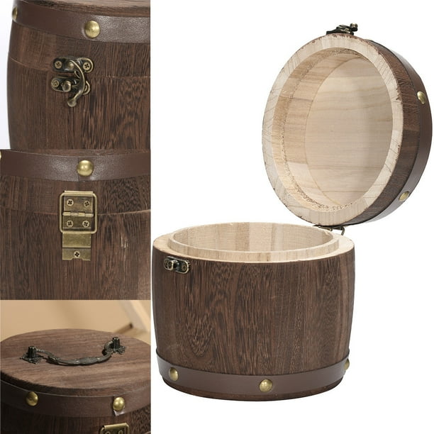 Contenedor de almacenamiento de bote de barril de madera | Madera Natural Vintage | Tapa de bloqueo de metal | Caddy hermético para hojas de té, granos de café, harina, especias, arroz | Gran