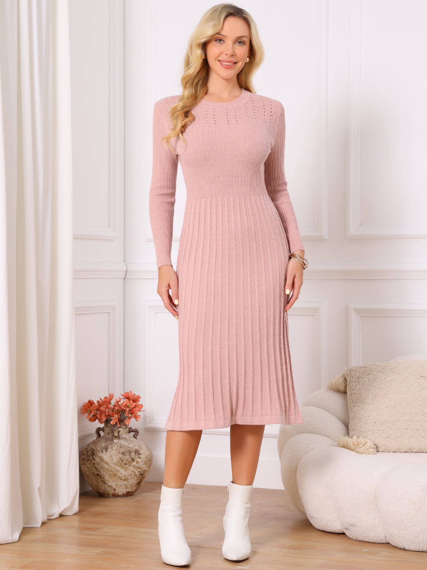 DARING DIVA Women's Long Sleeve Sweater Fall Crewneck Ribbed Knit Dress L Pink